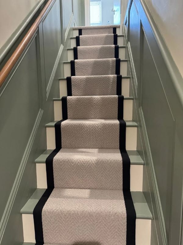 Rosehill Silver Birch Herringbone with Black Tape Edging Beige Stairs