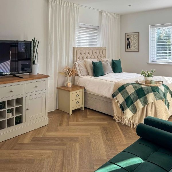 Karndean Van Gogh Herringbone - Warm Brushed Oak Brown Bedroom