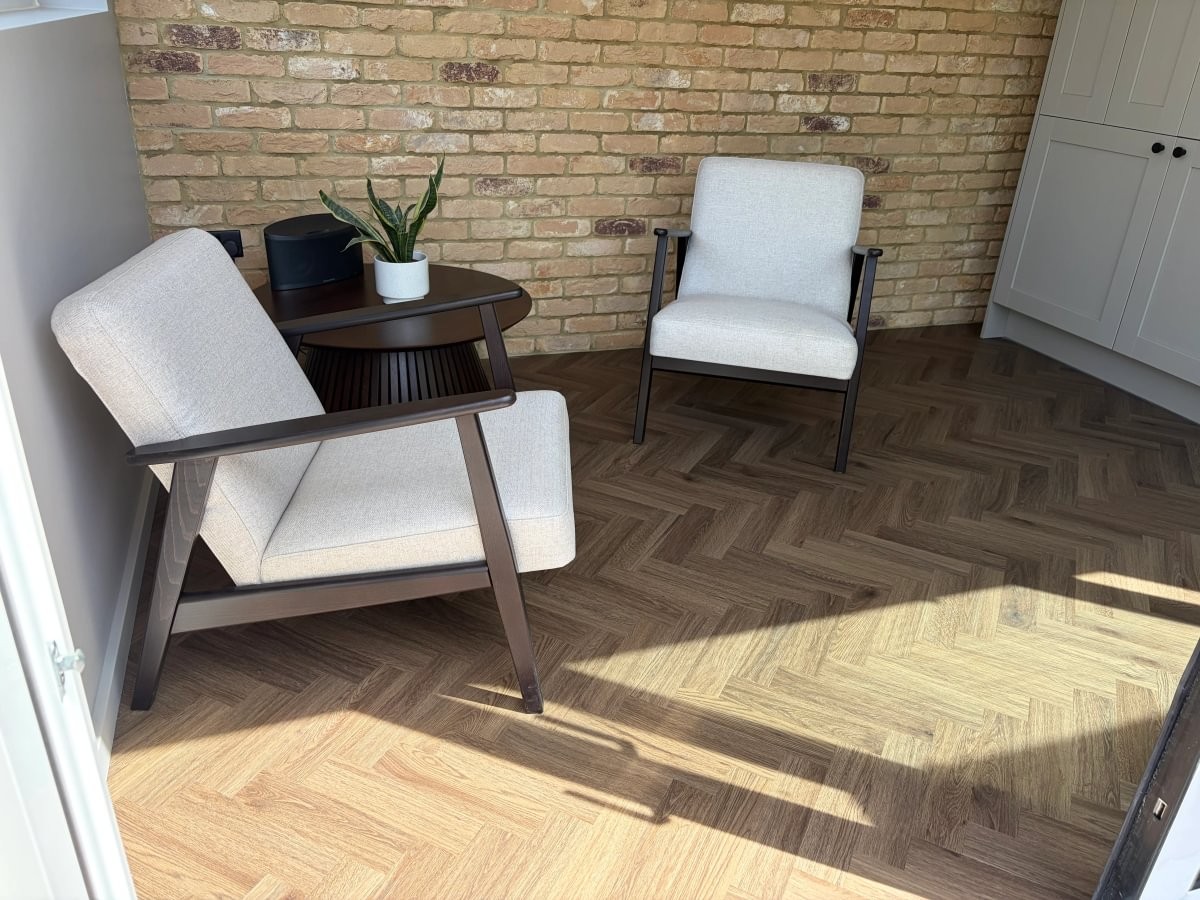 Finesse Luxury Vinyl Tiles in Parquet Sherman Dryback Beige Conservatory